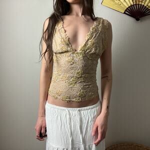 y2k gold tan fairy boho beaded lace sequin fitted v neck bustier tank top